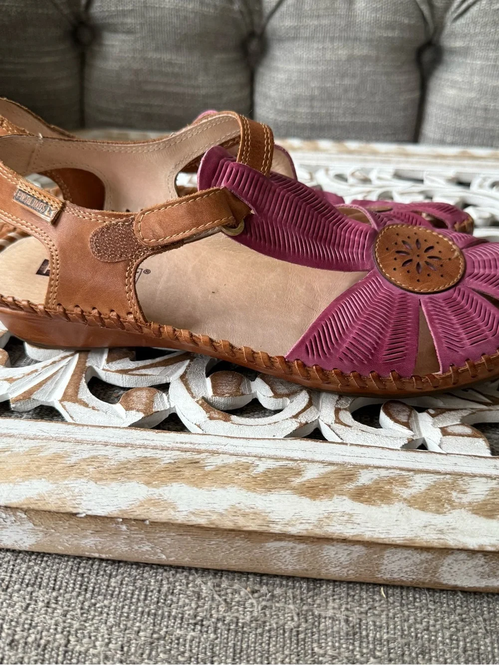 PIKOLINOS Pink and Brown Floral Leather Sandals